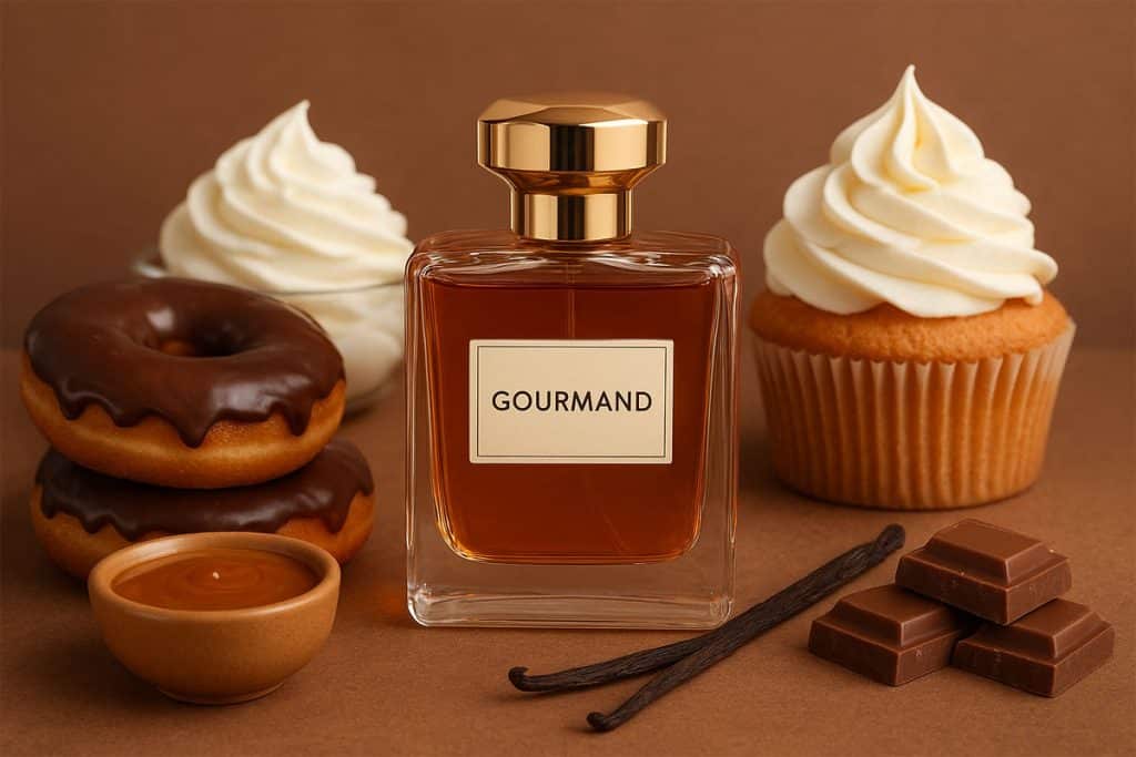 Perfume bottle and selction on cakes