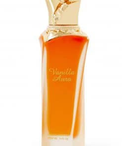 Maison Asrar Vanilla Aura Eau long slender perfume bottle with a gold cap.