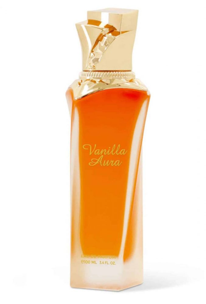 Maison Asrar Vanilla Aura Eau long slender perfume bottle with a gold cap.