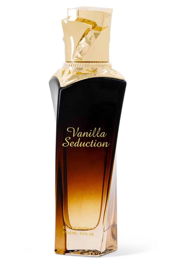 Maison Asrar Vanilla Seduction perfume bottle with gold cap on a white background.