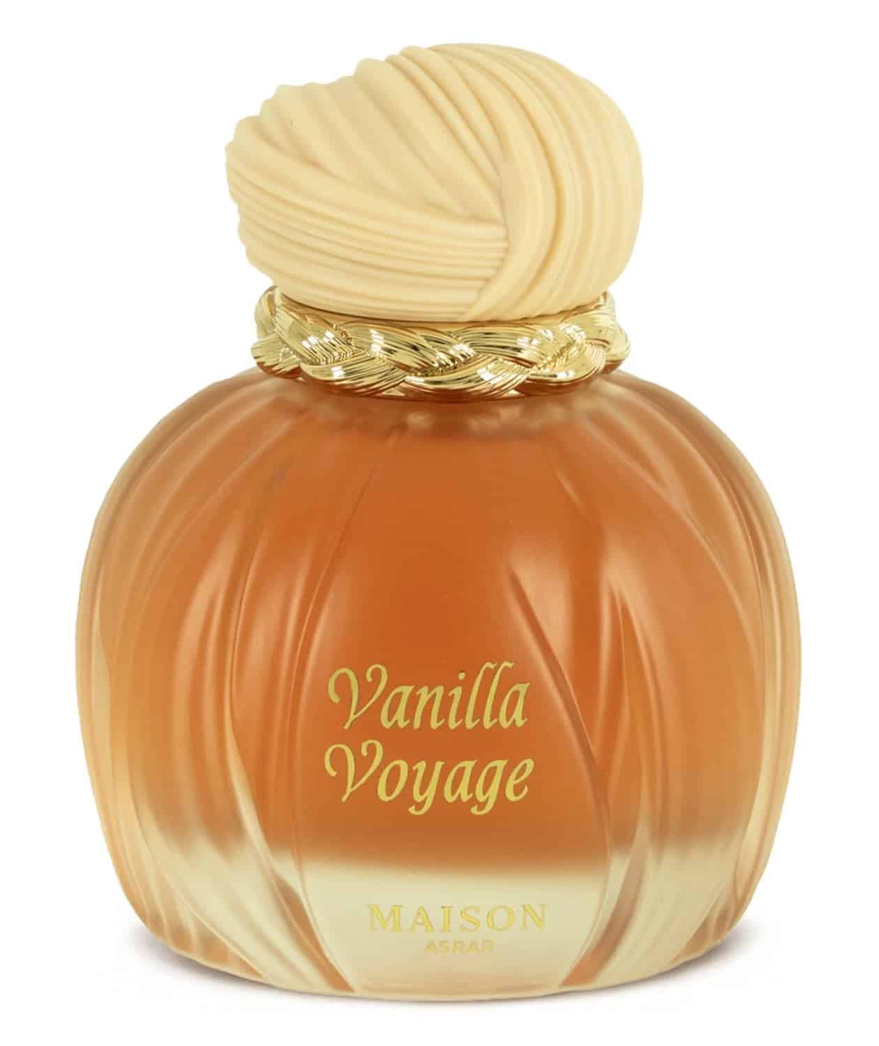 Maison Asrar Vanilla Voyage perfume bottle with cream swirly cap, on a white background
